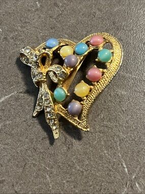 Gold-Tone Heart Brooch with Pastel Cabochons 2”x2”